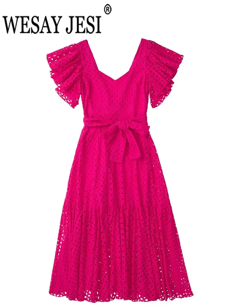 

WESAY JESI Ladies Short Sleeve Dress Flying Sleeve Solid Color Hollow Belt Bow Knot Backless Street Elegant Temperament Clothing