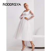 roddrsya elegant short wedding dress a line square collar long net sleeve tulle bridal gown lace up mid calf vestido novia civil