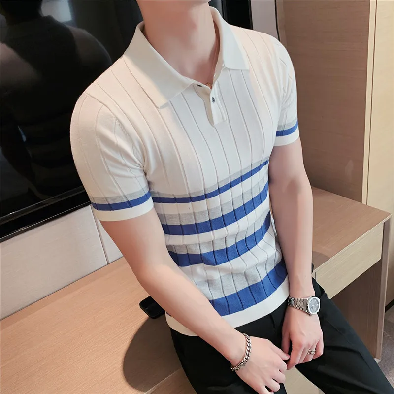 

2023 British Style Men's Fashion Lce Silk Stripe Knitting POLO Shirts/Male Slim Fit Short Sleeve Leisure POLO Shirts S-3XL