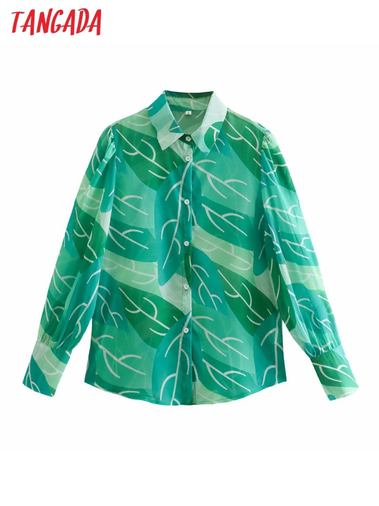 

Рубашка женская оверсайз в стиле ретро с длинными рукавами и зелеными листьями