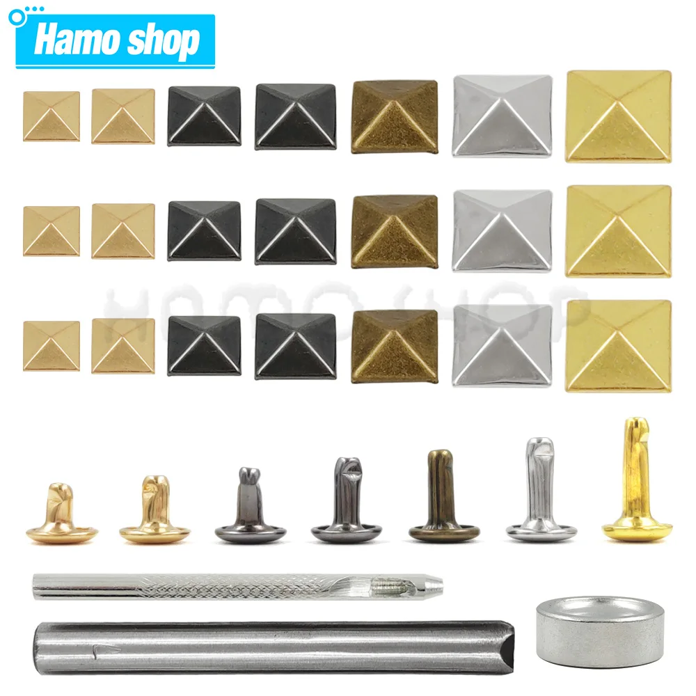 

100sets Metal Pyramid Cap Rivets Square Studs And Round Rivet Base for Leather Craft Bag Clothing Garment Shoes With Tools