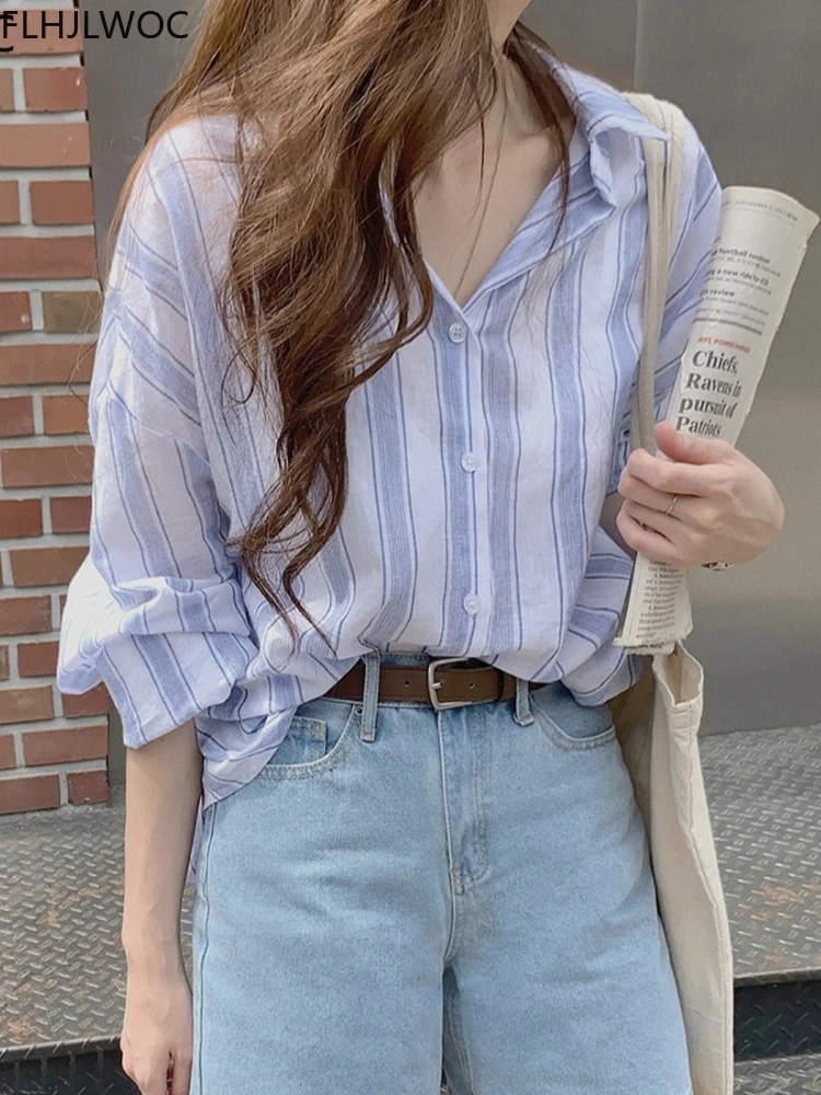 

2022 Cute Sweet Girls Women Cute Casual Loose Blue Striped Tops Blusas Single Breasted Boyfriends Tunic Long Shirts