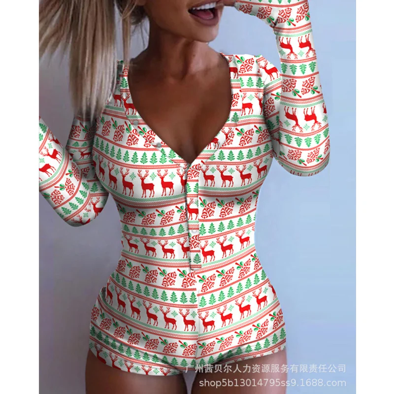 

Christmas Tree Elk Print Button Front Adult Onesie Jumpsuit Romper Women Elegant Long Sleeve V Neck Corset Slim Fit Shorts