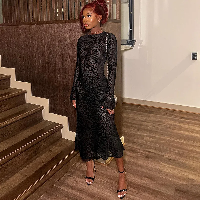 

Wishyear 2023 Evening Flare Hem Full Sleeve Bodycon Long Dresses for Women Mesh Sheer Black Elegant Dress Birthday Club Outfits