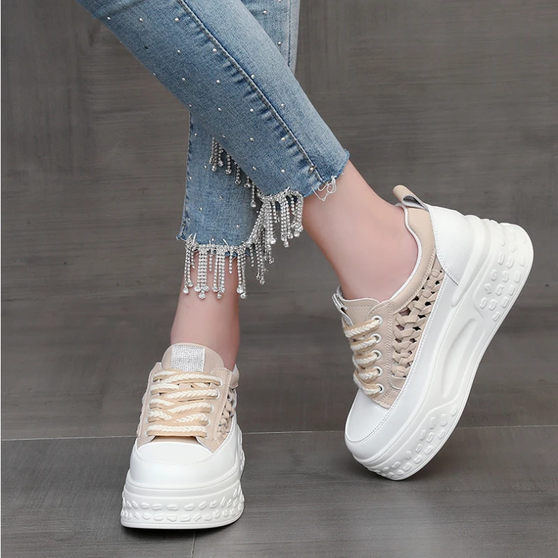 7cm 2023 Hollow Weave Design Genuine Leather Women Casual Summer Platform Wedge Chunky Sneakers Vulcanize Breathable Shoes