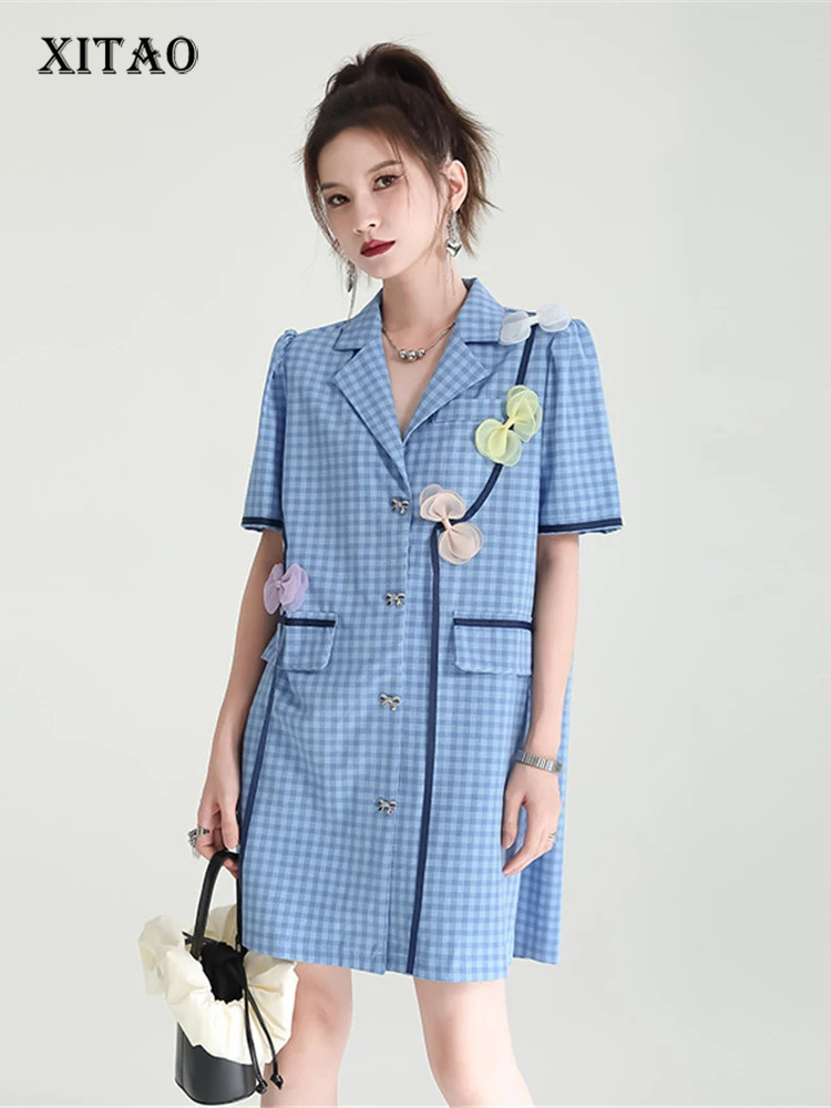 

XITAO Plaid Dress Fashion Pocket Women Single Breast Pleated Bow Small Fresh Casual Style 2022 Autumn Minority Dress WLD8531