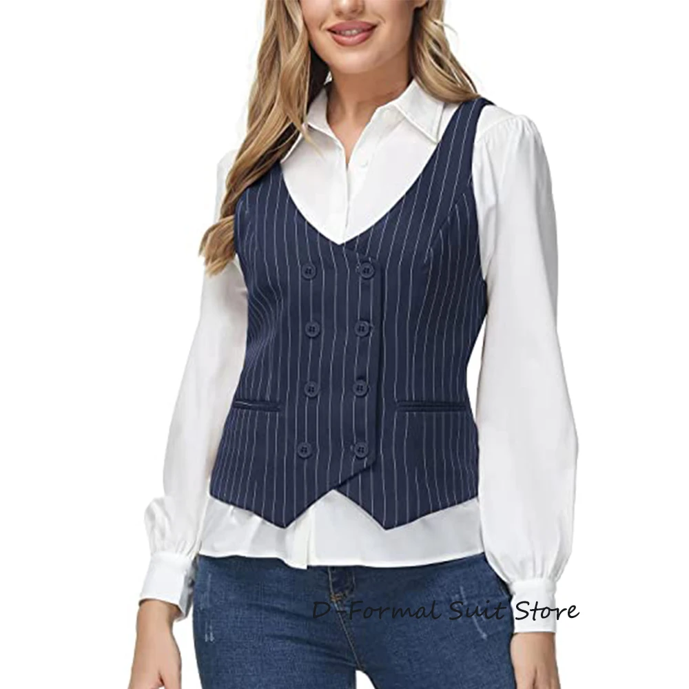 

Womens Double Breasted Fashion Stripe Vests Casual Versatile Vest Button Vintage Waistcoat