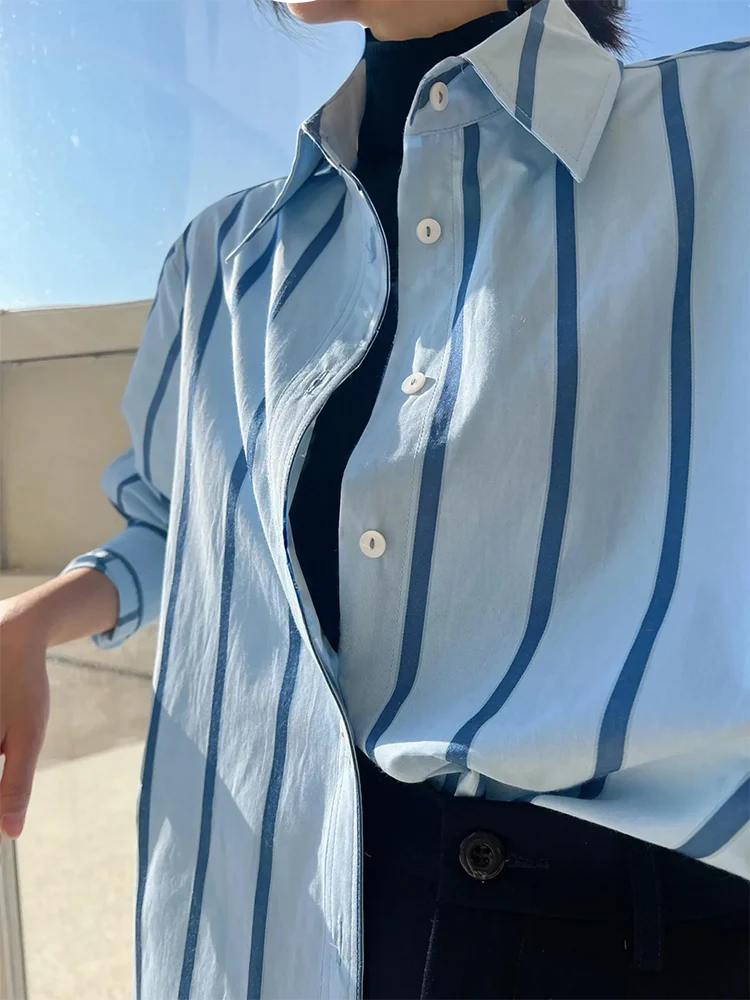 Вельветовые рубашки в синюю полоску женские осенне-зимние 2024 новая утолщенная