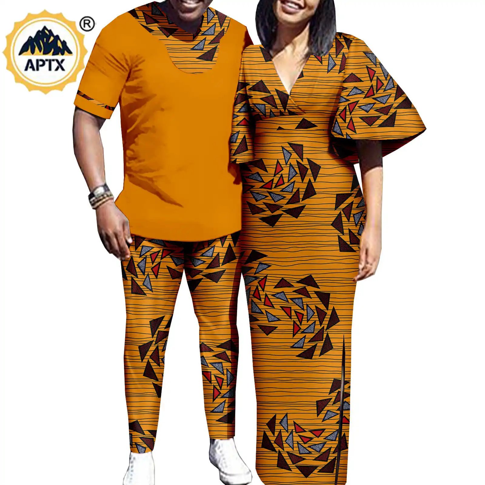 Dashiki African Men Outfits Top and Pants Sets Matching Women Split Print Loose Long Dresses Couples Clothes for Party Y22C046