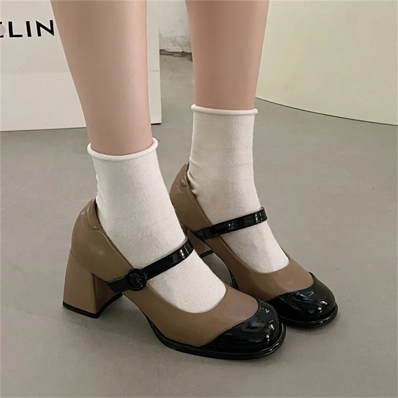 

Lacquer Leather High-heeled Shoes Women's Thick Heel Single Shoes Round Head Retro Color Matching One Word Buckle Mary Jane Shoe