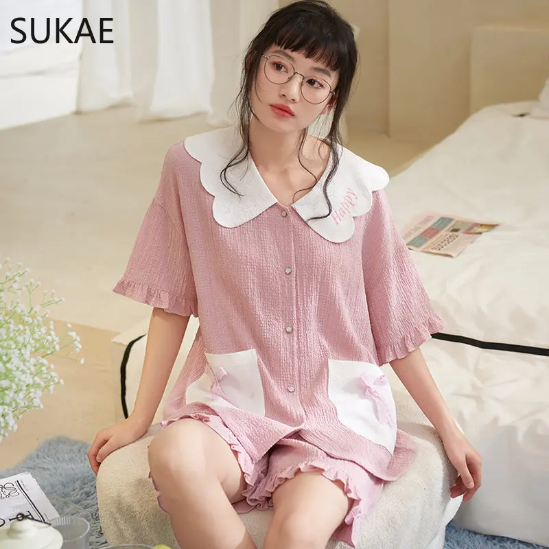 

SUKAE Kawaii Sleepwear for Women Summer Shorts Bubble Fabric Short Sleeves Woman's Pajamas Leisure Turn-down Collar Lapel Pijama