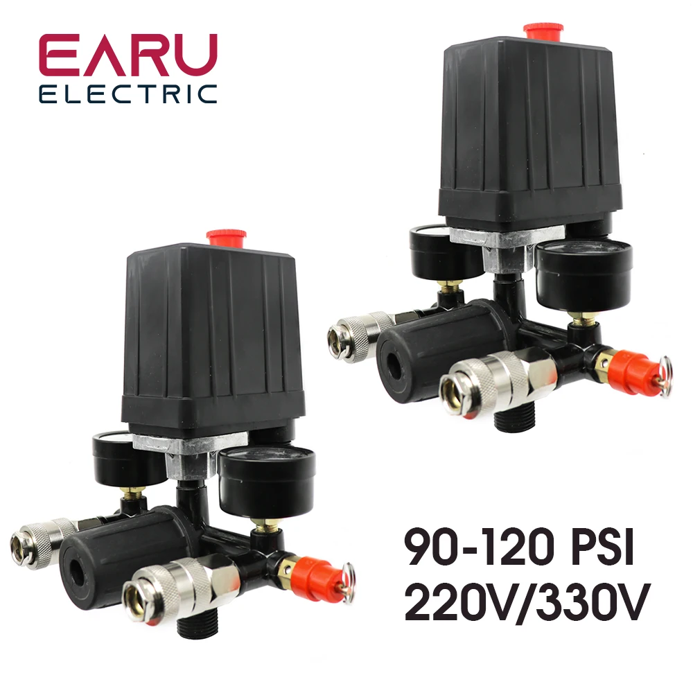 Efficient 220V/380V 4 Port Regulator Duty Air Compressor Pump Pressure Control Switch Air Pump Control Valve 0-180PSI With Gauge