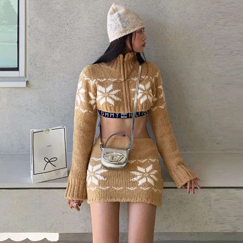 

Adogirl Autumn Winter Knitted Outfits Women 2 Two Piece Sets Casual Short Zipper Jacket + Mini Skirt Female Matching Sets