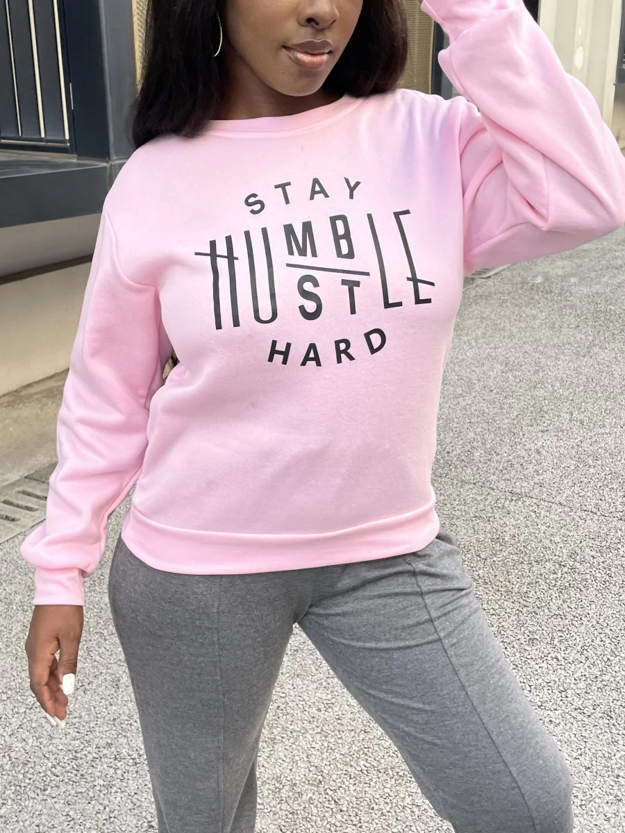 

LW Stay Humble Letter Print Hoodie O Neck Long Sleeve Casual Elastic Basic Polyester Fall Outfits Women Pink Top Sweater