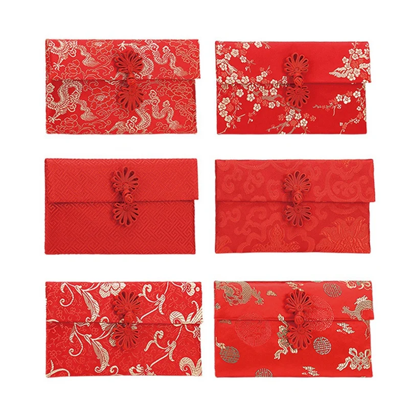 

6 PCS Silk Red Envelopes Chinese Card Envelope Money Envelope Embroidery Chinese Knot Decoration For Good Luck Wealth