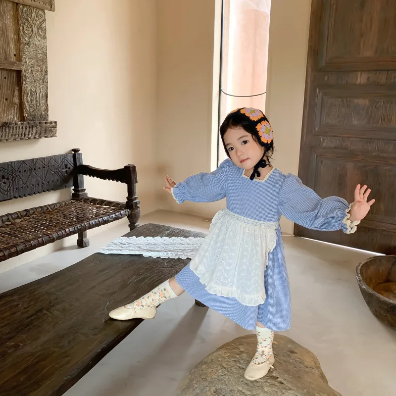 Платье для девочек новая весенне-осенняя кружевная клетчатая юбка в стиле ретро