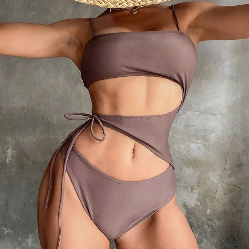 

New European and American One Piece Swimwear Irregular Hollow Sexy Solid Color Swimwear Women's Foreign Trade Lace Up Swimwear