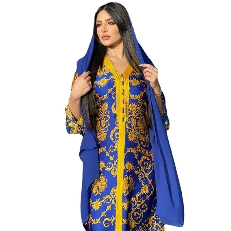 

Ramadan Eid Vintage Thnic Print Hijab Dress for Women Middle East Arabic Dubai Turkey Oman Kuwait Moroccan Kaftan Abaya 2022 New
