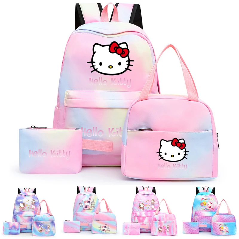 

3Pcs Hello Kitty Backpack Set Girl Women Student Teenager Sanrio Rucksack Colorful With Lunch Bag Casual School Bag Pencil case