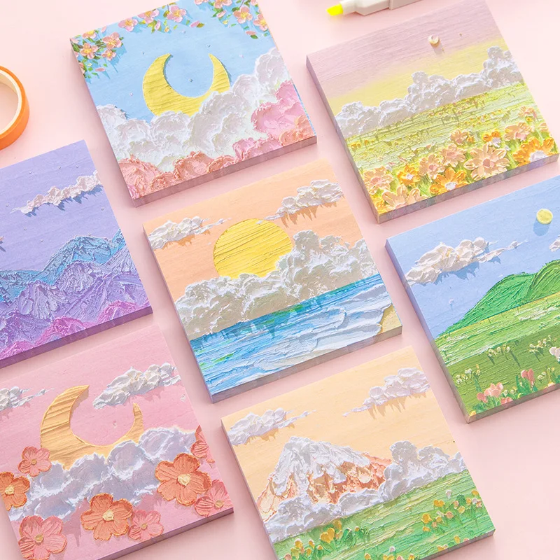 

80 Sheets/set Landscape Oil Painting Sticky Memo Pad Colored Notepad Kawaii Sticky Notes Office School Stationery Supply