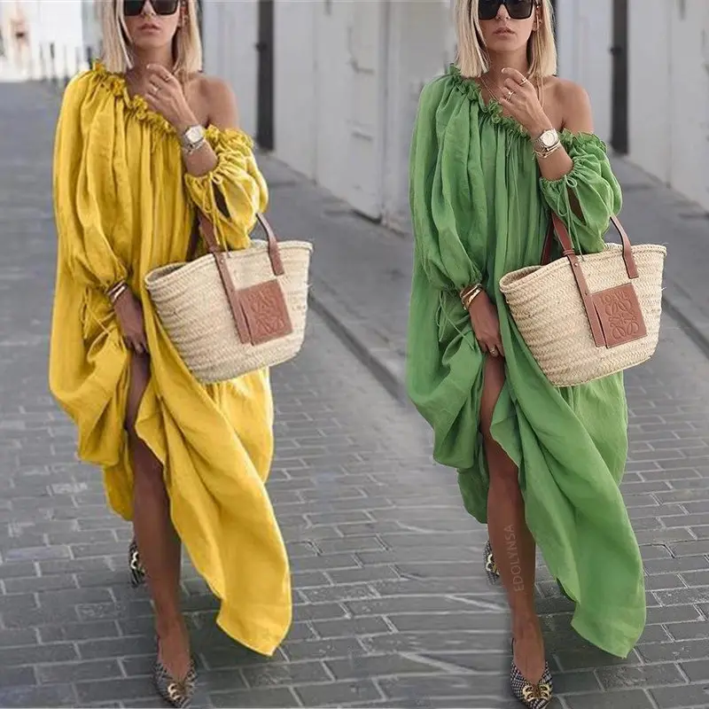 

Women Oblique Collar Long Skirts 2022 Summer Off Shoulder Solid Long Sleeve Loose Sundress Ladies Maxi Dresses Swimsuit Cover Up