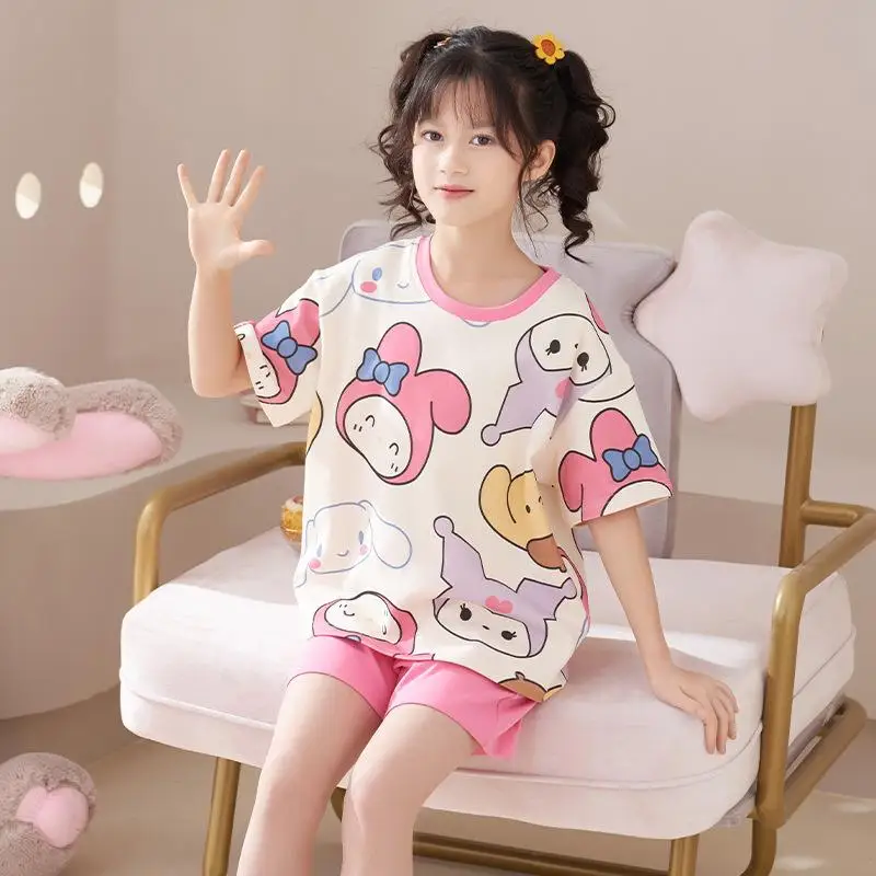 

Kawaii Hello Kitty Sanrio аниме детские пижамные комплекты мультфильм Kuromi My Melody с коротким рукавом Домашняя одежда Одежда для девочек детская одежда