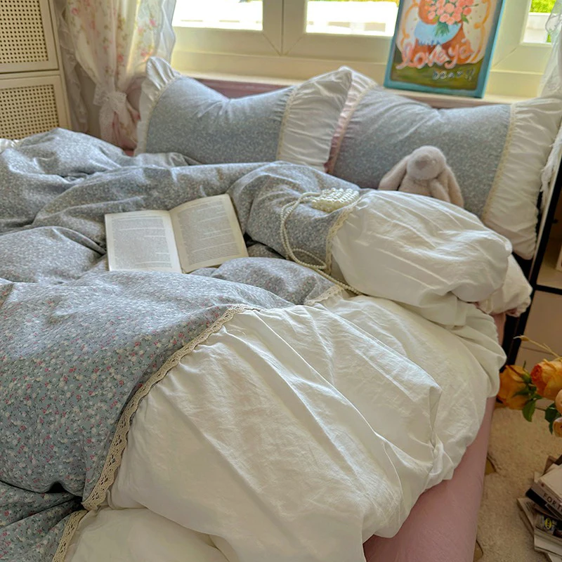 

Комплект Постельного Белья В Корейском Стиле: Цветочный Кружевной Дизайн, 3/4 Предмета, Из Стираного Хлопка