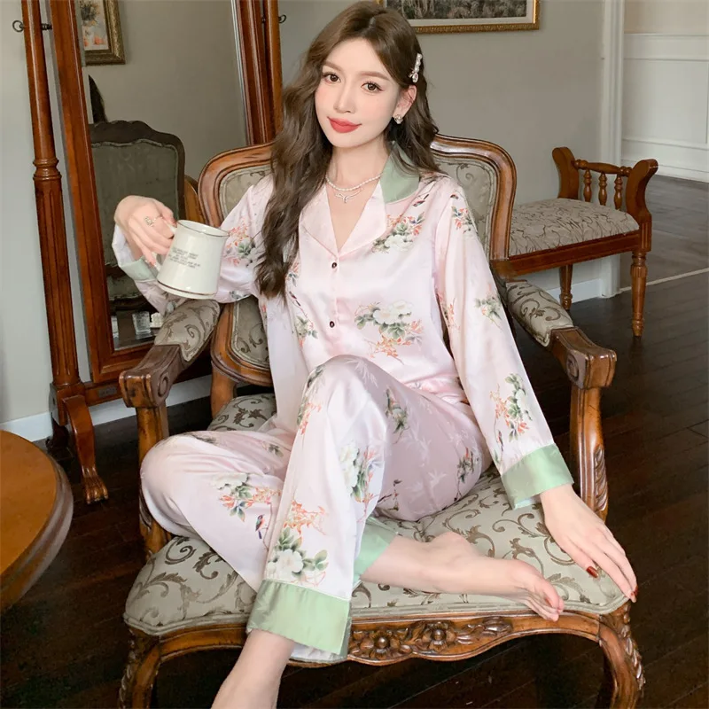 2023 Spring and Autumn New Pajamas Women's Artificial Silk Jacquard Long-Sleeved Trousers Cardigan Homewear Suit