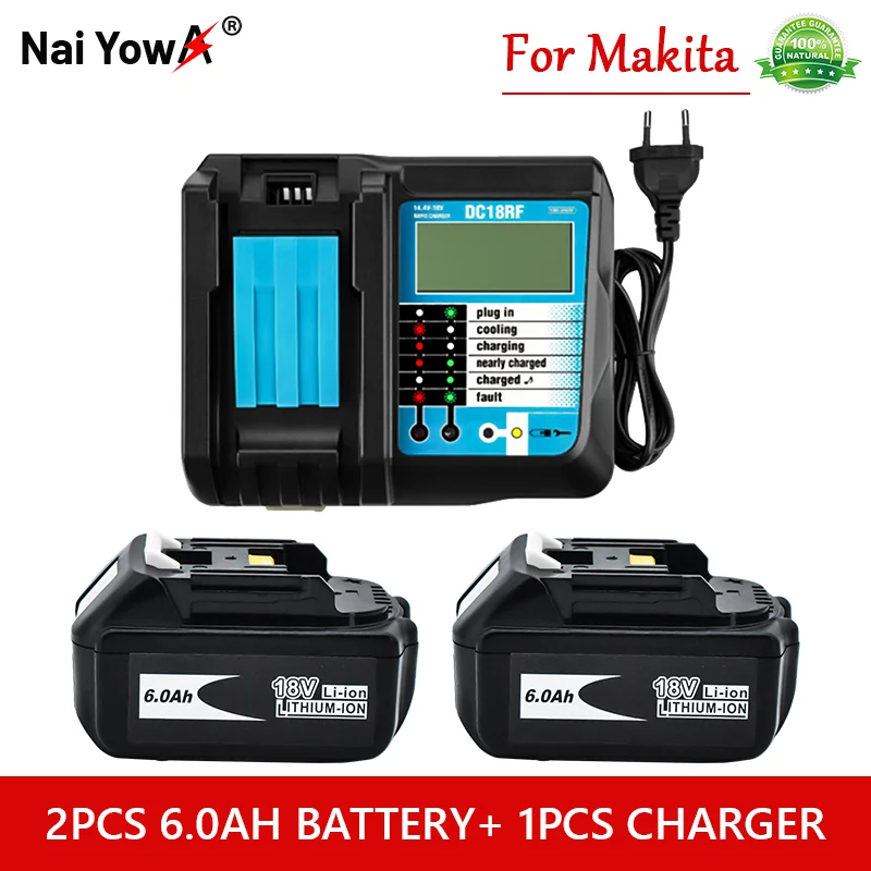 

18V6Ah Rechargeable Battery 6000mah Li-Ion Battery Replacement Power Battery for MAKITA BL1880 BL1860 BL1830battery+4A Charger