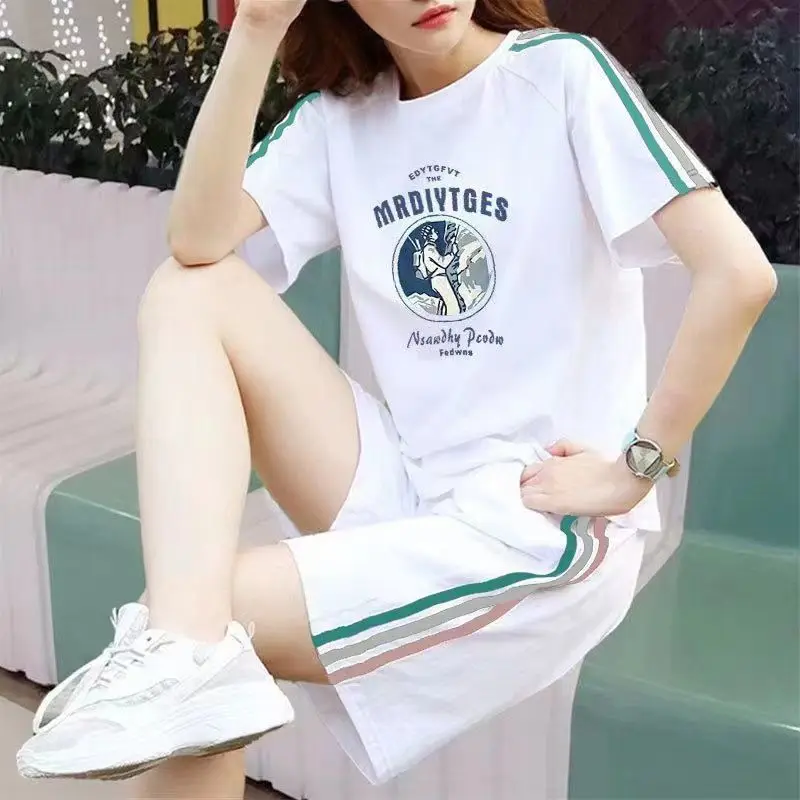 

Summer Pantsuit Women's White Oversize Tracksuits Casual Set Short Sleeve Tops Fashion Sportswear Shorts Size 4XL