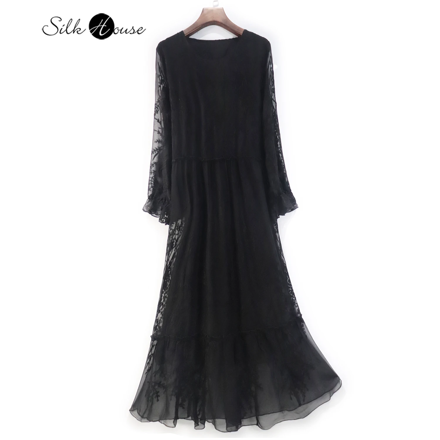 

Black Embroidered Mulberry Silk Dress Heavy Industry Embroidered Nine Point Sleeve Long Skirt Double Layer 2022 Women's Fashion