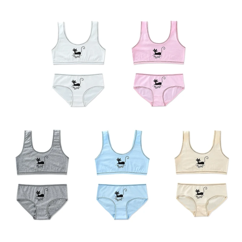 

Teens Young Girls 2Pcs Underwear Set Cute Black Print Wide Strap Training Bra Striped Vest Top and Matching Panties 85DE