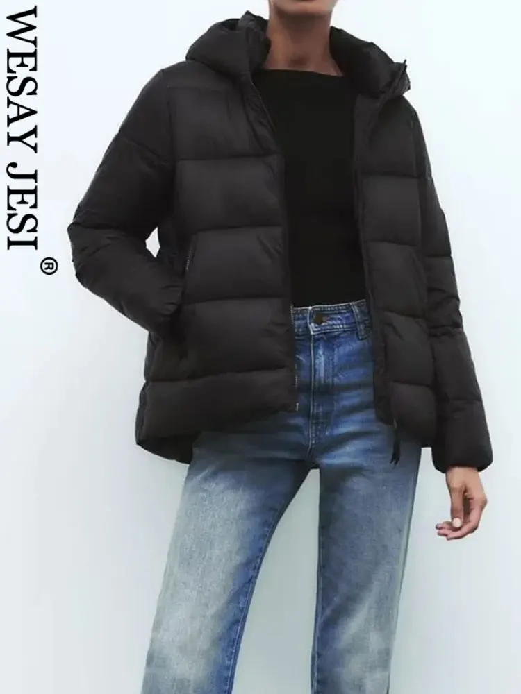WESAY JESI  Winter Women's Thick Warm Hooded Coats Solid Color Long Sleeve Front Zip Pocket Jacket Female Casual Loose Outerwear