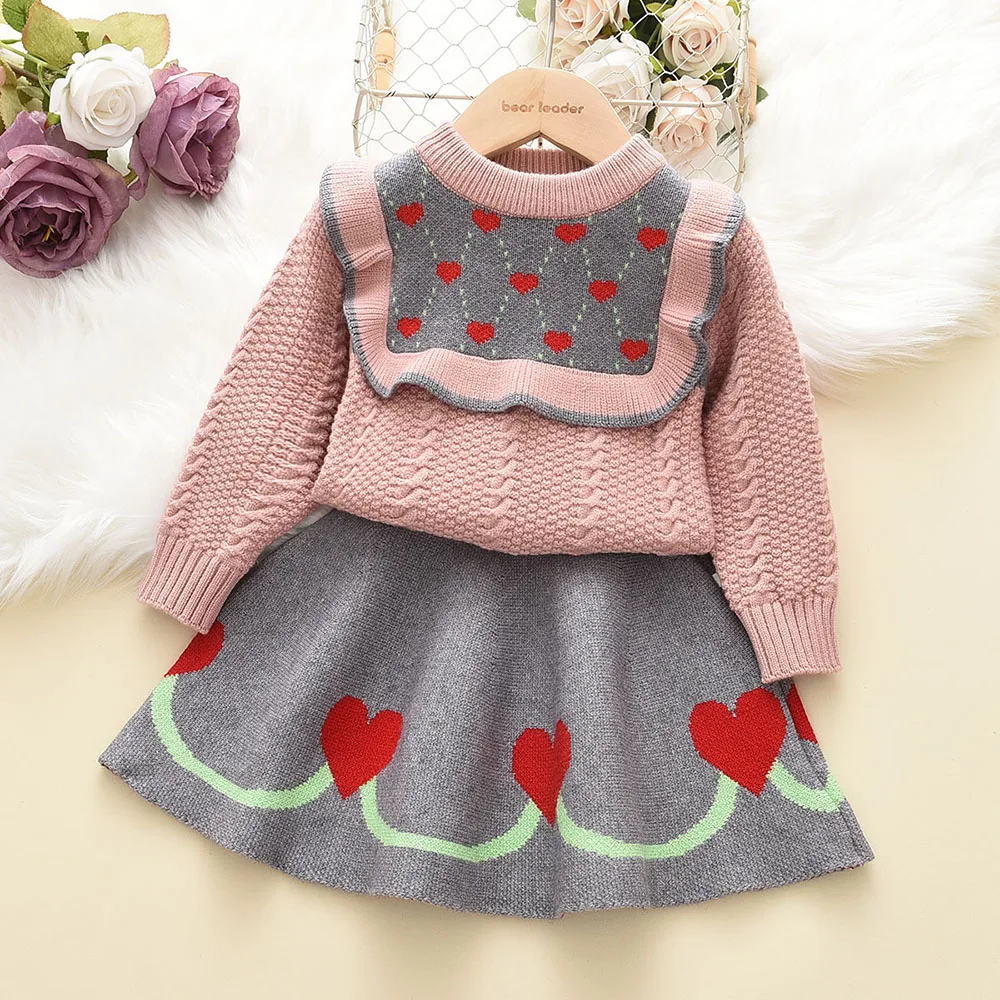 

Melario Autumn Winter Girl Vintage Sweater Knitting Tops + Short Skirt 2pcs Cute Girls Long Sleeve Lapel Knitting Christmas Suit