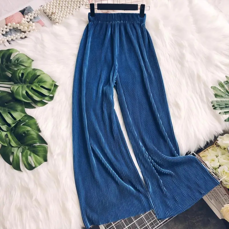 Spring Summer New Casual Wide Leg Pants Women Solid Color Elastic Waist Pleated Straight Pants Comfortable Soft Loose Trousers