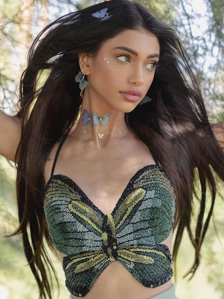 

Женский укороченный топ с бабочками Sifreyr Y2K, модный топ с лямкой через шею и открытой спиной, Сексуальная Милая одежда для вечерние Ринок, лет...