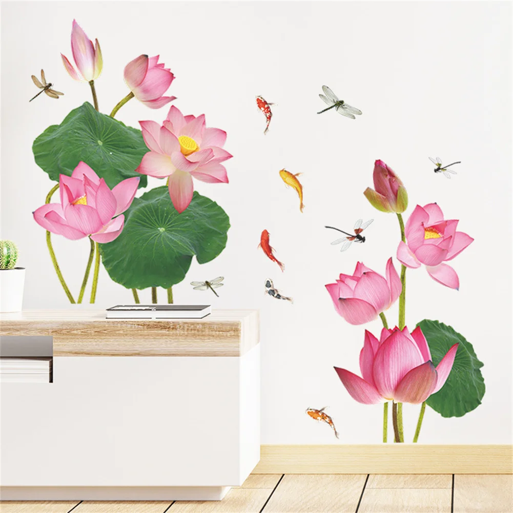 

2pcs Fresh Lotus Sticker Chinese Style Koi Dragonfly Bedroom Wall Decora Wall Sticker Creative Home Decor Living Room Decals