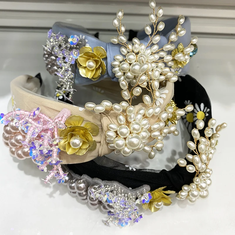 

Bow Top And Turban Headband Fashion Elastic Hair Band Headband For Women Pearl Headband Hair Accessories,Vintage Cotton Fabric,