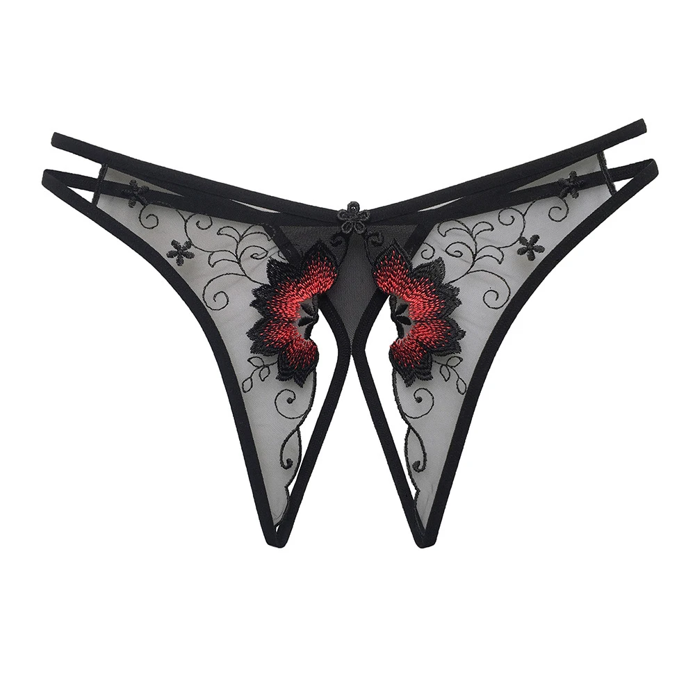 

New Sexy Lace Floral Embroidery Open Crotch Transparent Exotic G-String Underwear Panties Briefs Underpants Thongs For Women