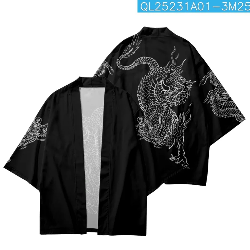 

Kimono Clothes Yukata Samurai Costume Haori Obi Beach Men's Black Dragon Print Cardigan Japanese Streetwear Jacket
