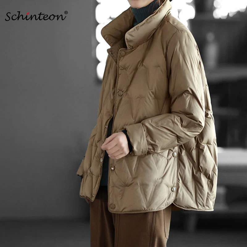 

Schinteon Women Ultra Light White Duck Down Jacket Stand Collar Casual Over Size Autumn Winter Warm Outwear Coat 2022 New