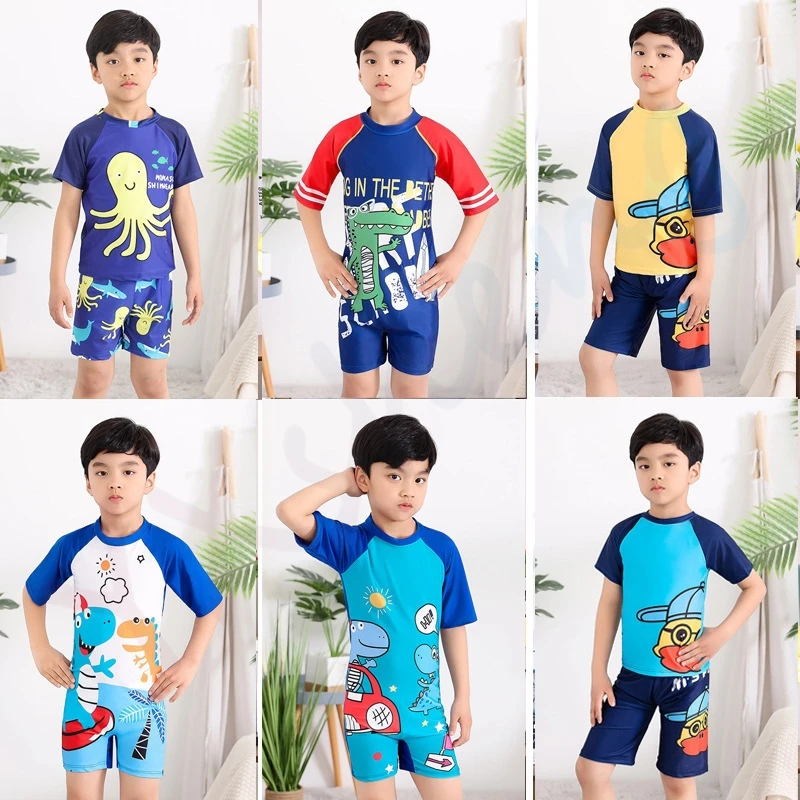 

2023 Boys Cartoon Wetsuit One-Piece Swimwear Kids Short Sleeve Shorts Split Swimsuit Children's Sunscreen Quick-drying Swimsuit