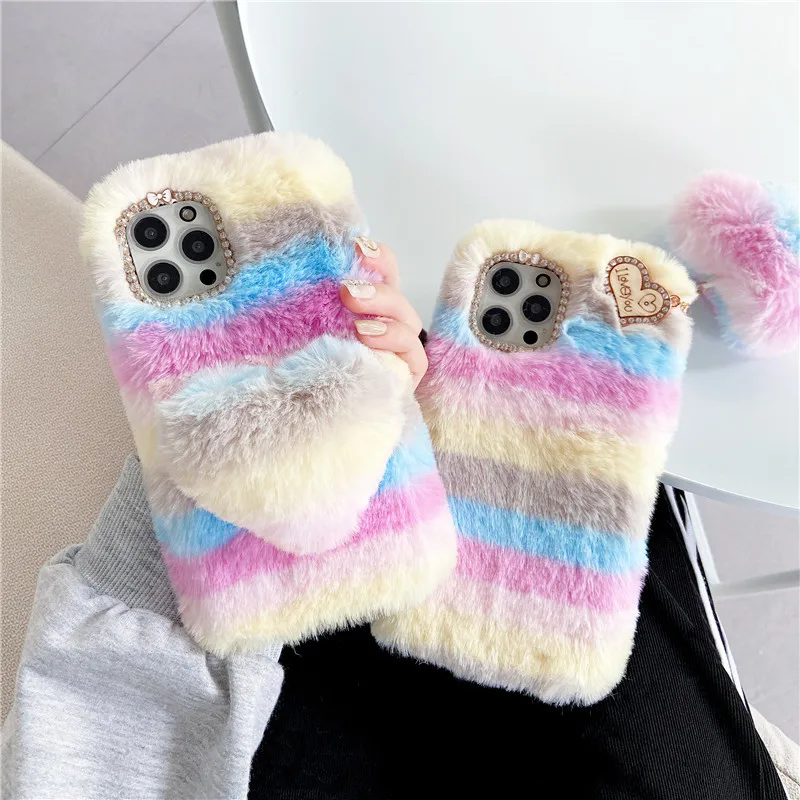 tpu soft silicone rainbow phone case for for motorola g9play g8 power life g7 plus e6 e6s moto g7power plush fur heart case capa free global shipping