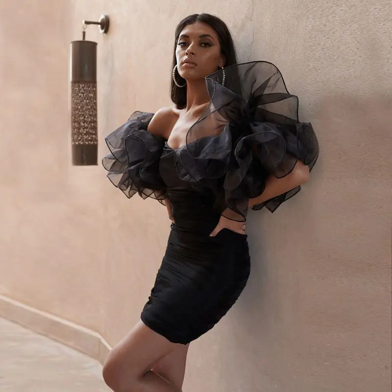 

Fashion Tulle Puff Sleeve Wrap Hip Skirt Nightclub Girl Outfits Rave Party Strapless Frock Sexy Boob Tube Dresses for Women 2023