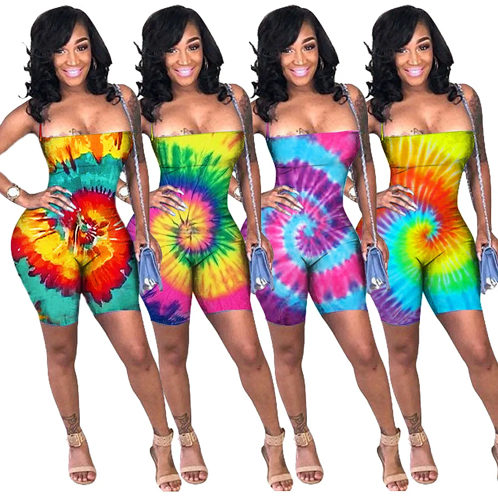 

GL6257 Ladies Jumpsuit Summer Women's Sexy Streetwear Fashion Tie Dye Rainbow Color Strap Backless Bodysuit Women