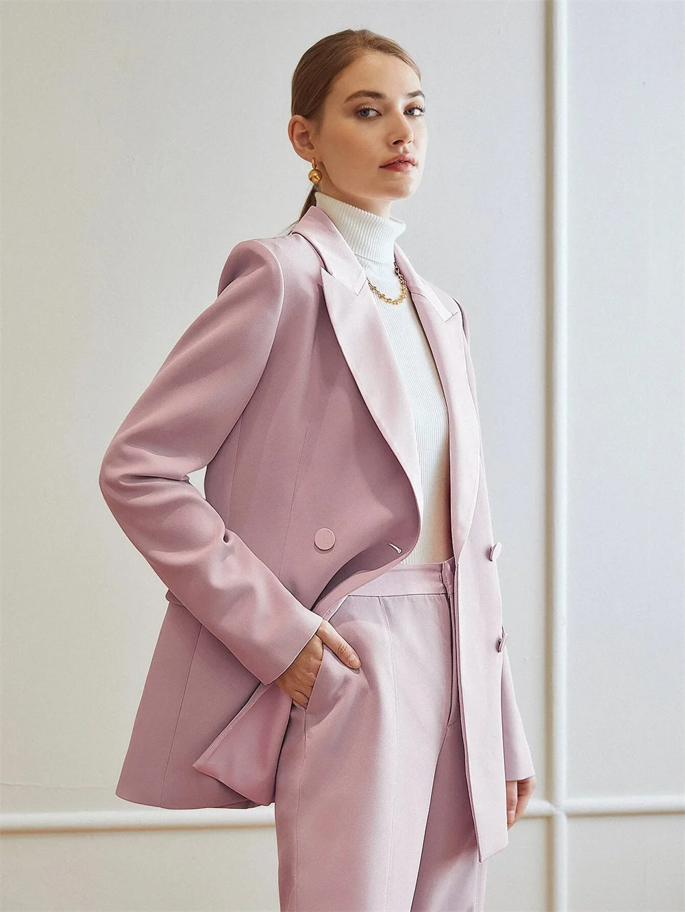 Women's Suits Velvet Office Ladies Mid Length Blazer&Trousers Double Breasted Lapel Solid Slim Business 2 Piece Set Pantsuits