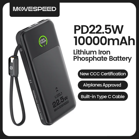 【CCC】MOVESPEED P19 LFP Аккумулятор Power Bank 10000 мАч Встроенный USB C-кабель Powerbank Внешнее зарядное устройство для iPhone Xiaomi Samsung
