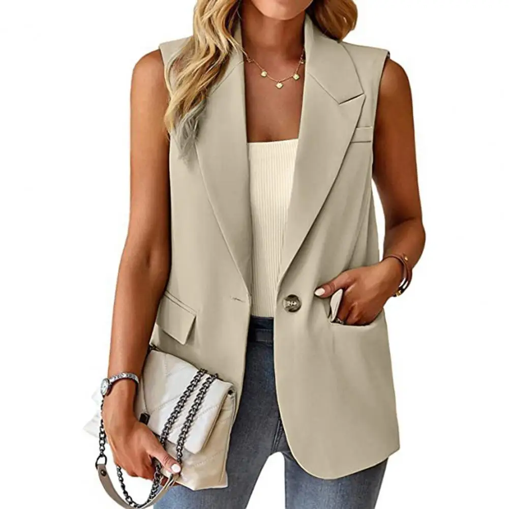 Women Formal Coat Stylish Women's Sleeveless Elegant Lapel Single Button Mid-length Suit Coat for Formal Business Commute