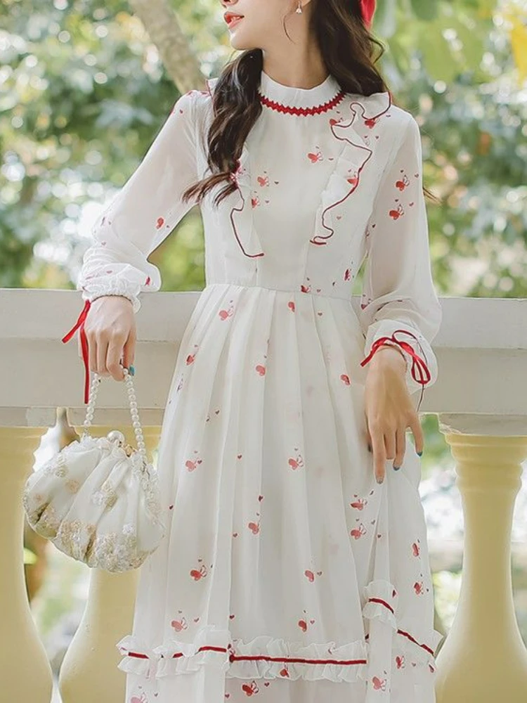 

Vintage Floral Elegant Dress Women Ruffle Casual Sweet Fairy Grunge Dress Female White Korean Lolita Summer One-piece Dress Chic