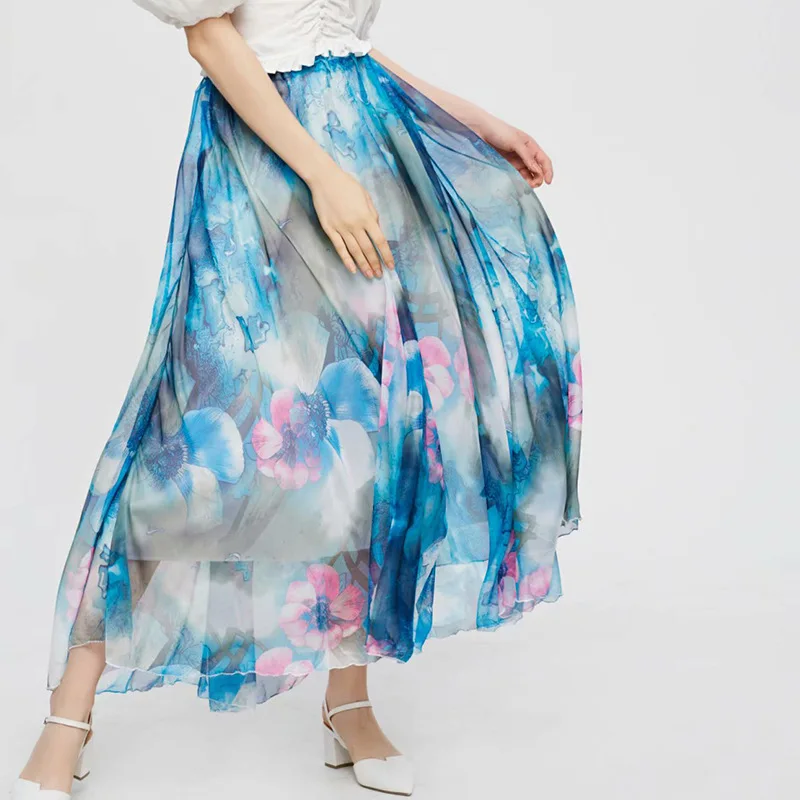 

2023 Summer Bohemian Boho Chiffon Print Floral Pleated Skirts Women Patchwork A-line Beach Vacation Skirt Female Blue Faldas New